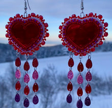 Load image into Gallery viewer, Red Mirror hearts with dangles
