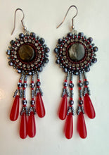 Load image into Gallery viewer, Mica Gunmetal and Red dangles
