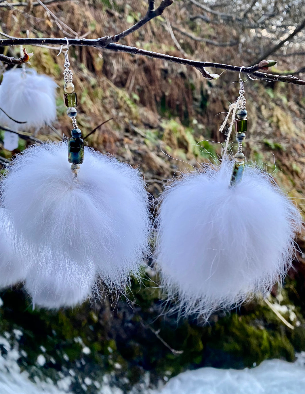 Arctic Fox Mega Poms with taupe beads